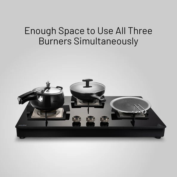 Glen 3 Burner Free Standing Hob with Forged Brass Burners Auto Ignition Black (BH 1073 XL SQ FS FB BL AI)