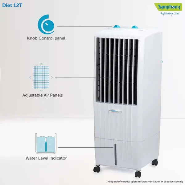 Symphony Diet 12T Personal Tower Air Cooler for Home with Honeycomb Pad, Powerful Blower, i-Pure Technology and Low Power Consumption (12L, White)