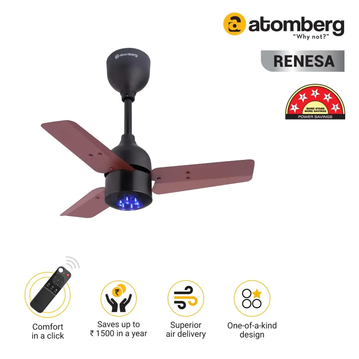 atomberg Renesa 600mm BLDC மோட்டார் விசிறி பழுப்பு மற்றும் கருப்பு