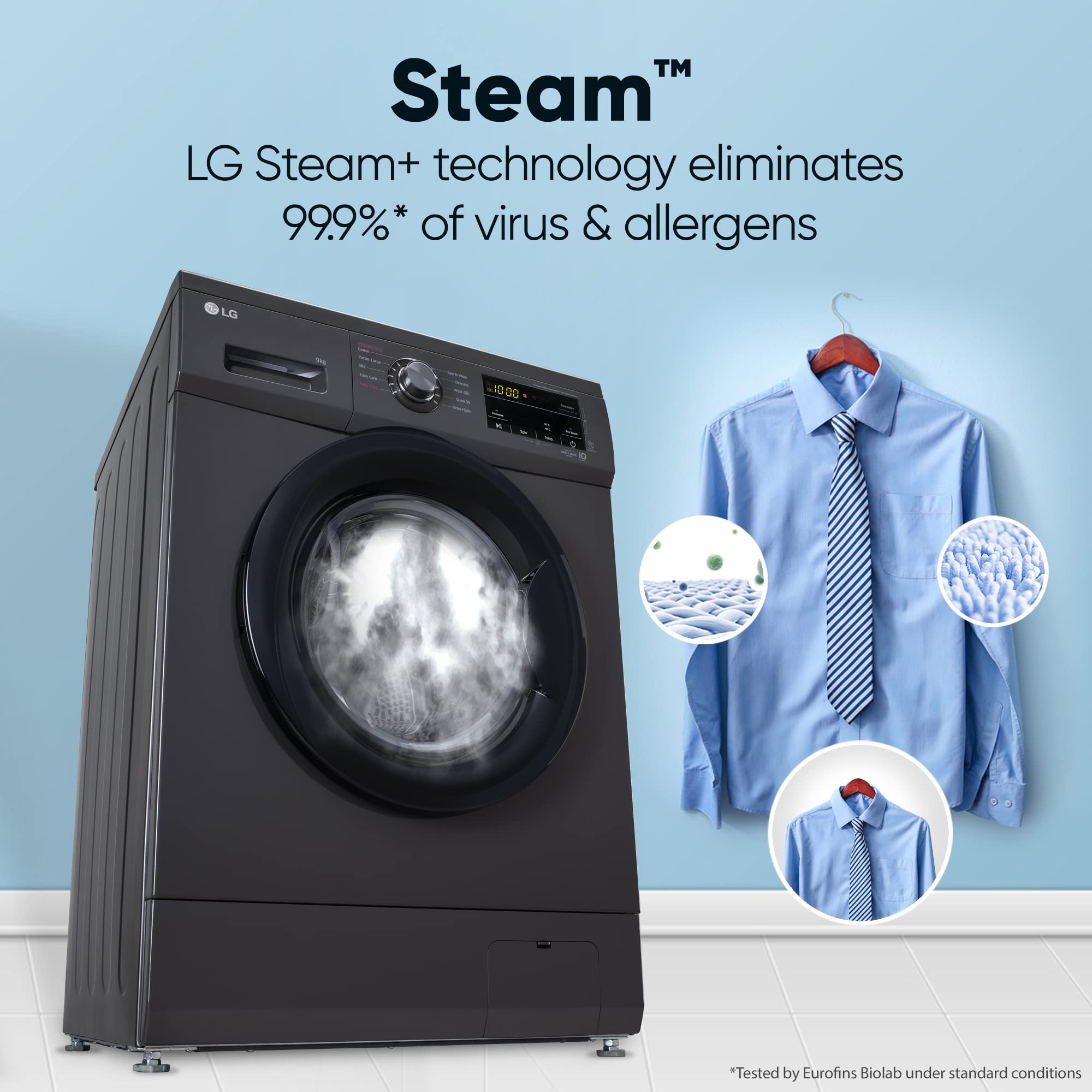 LG 9 Kg 5 Star Direct Drive Technology, Steam Wash, 6 Motion DD, Smart Diagnosis, Fully-Automatic Front Load Washing Machine (FHM1409BDM, Allergy Care, In-Built Heater, Touch Panel, Middle Bl