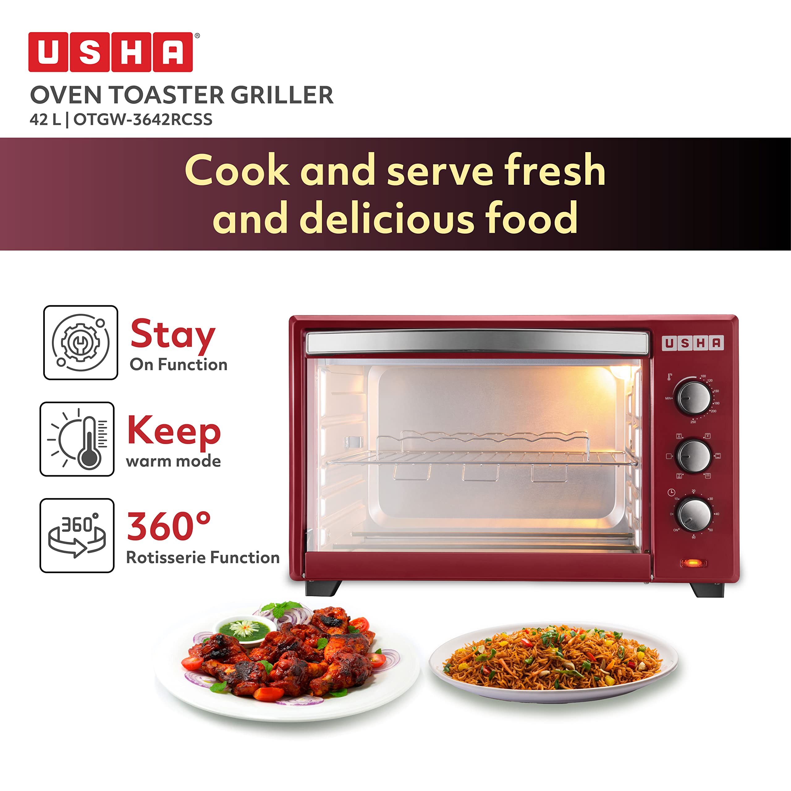 USHA 3642Rcss 42 Liters Oven Toaster Grill With Rotisserie And Convection, 2000 Watts, 6 Mode Heating Function (Stainless Steel & Wine)