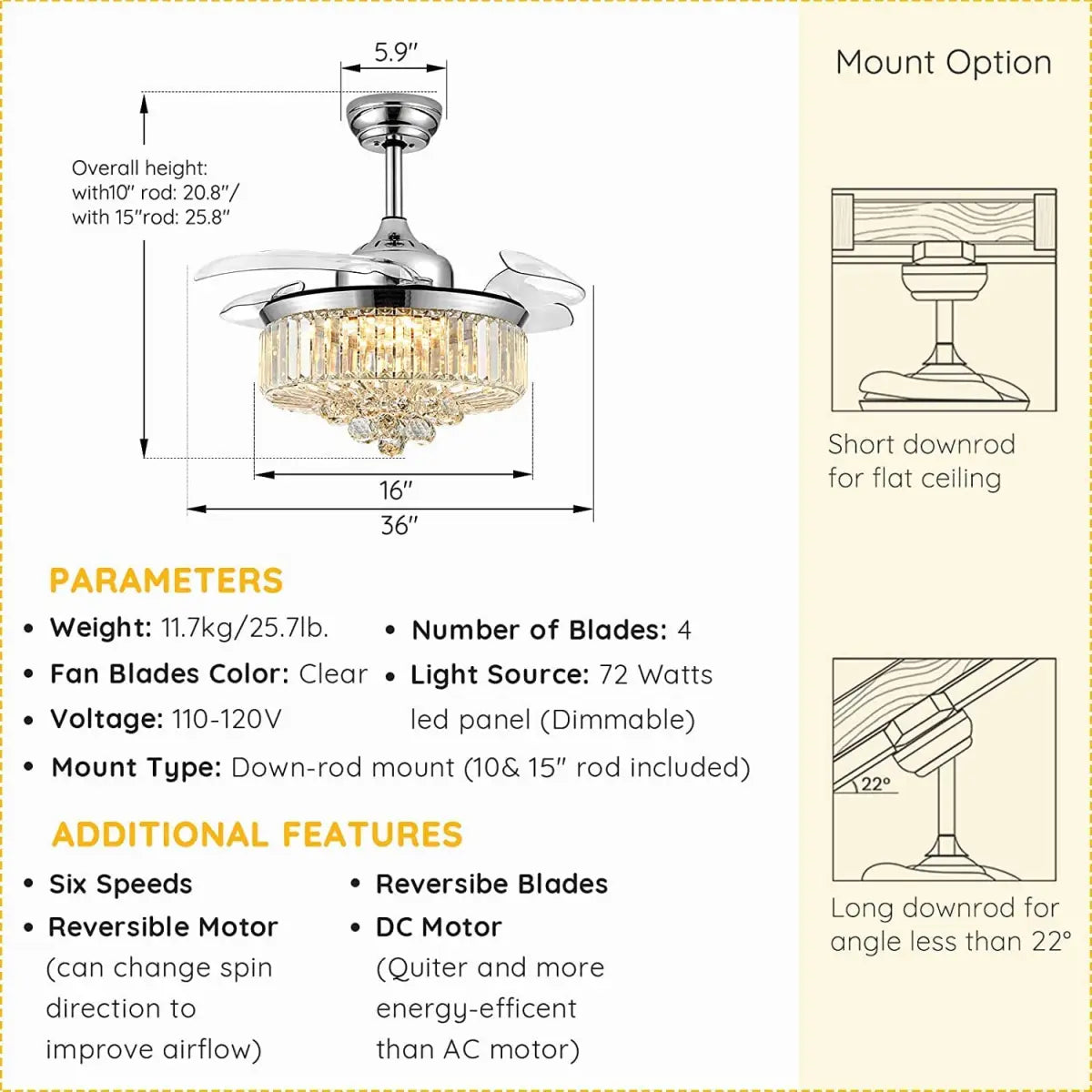 oltao Picola Silver Chandelier Fan with BLDC Motor, LED Light, Noiseless Retractable Blade, Summer/Winter mode And Remote