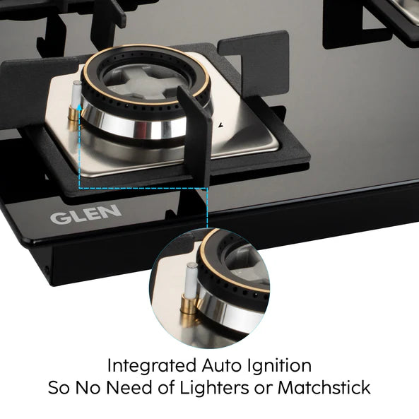 Glen 3 Burner Glass Hob Top with Triple Ring Burner Double Ring Forged Brass Burners Auto Ignition (1063 SQ HT DB TR)