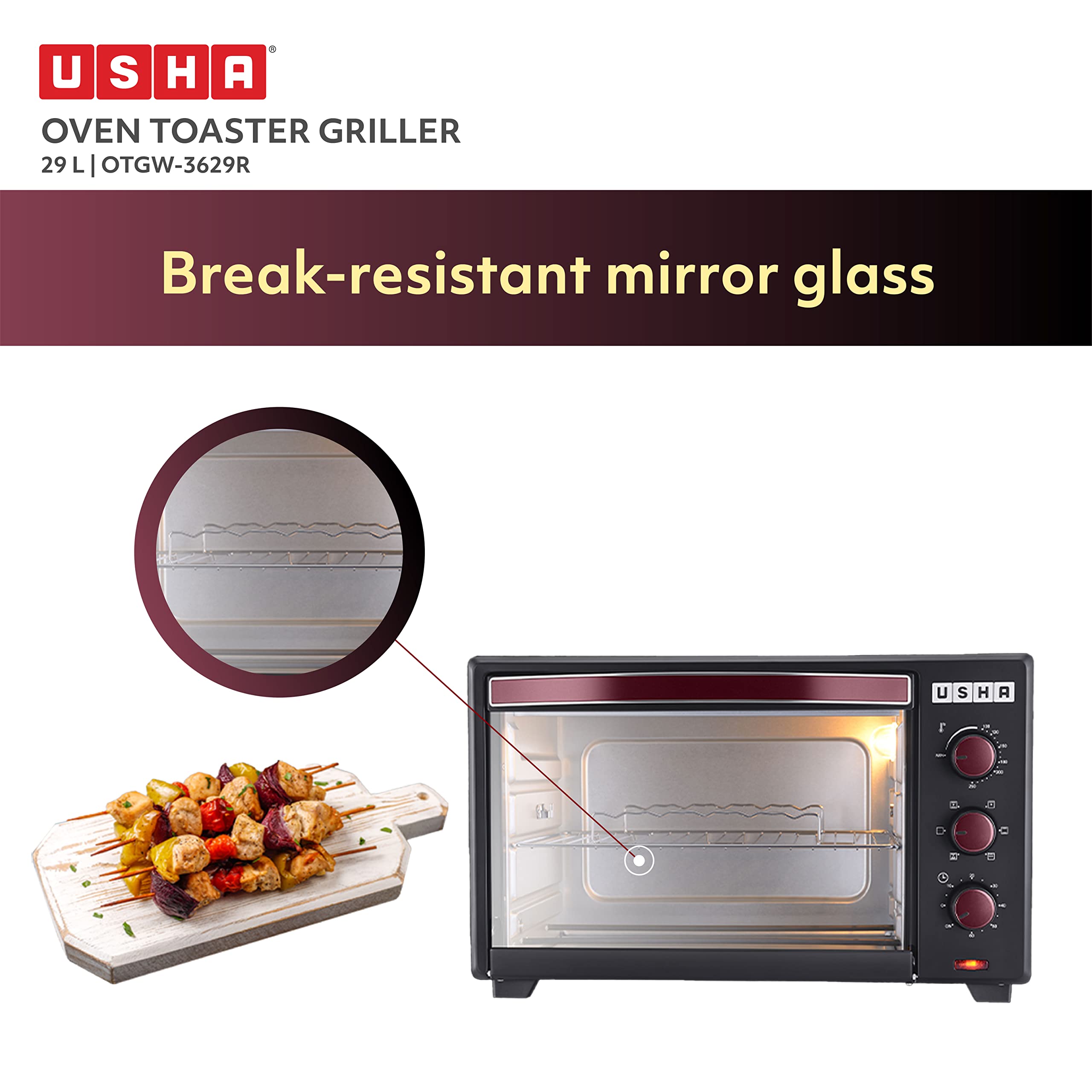 Usha 3629R 29L Oven Toaster Grill with Rotisserie and Convection, 1600 W, 6 mode Heating Function(Wine & Matte Black)
