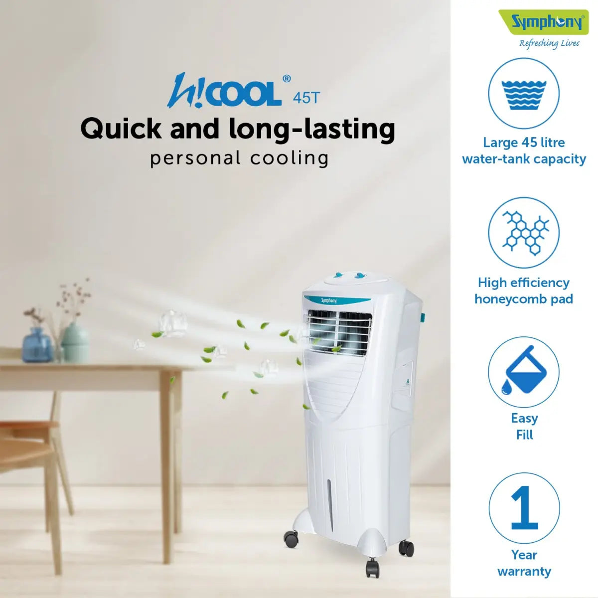 Symphony Hicool 45T Personal Air Cooler for Home with Honeycomb Pad (45L, White)