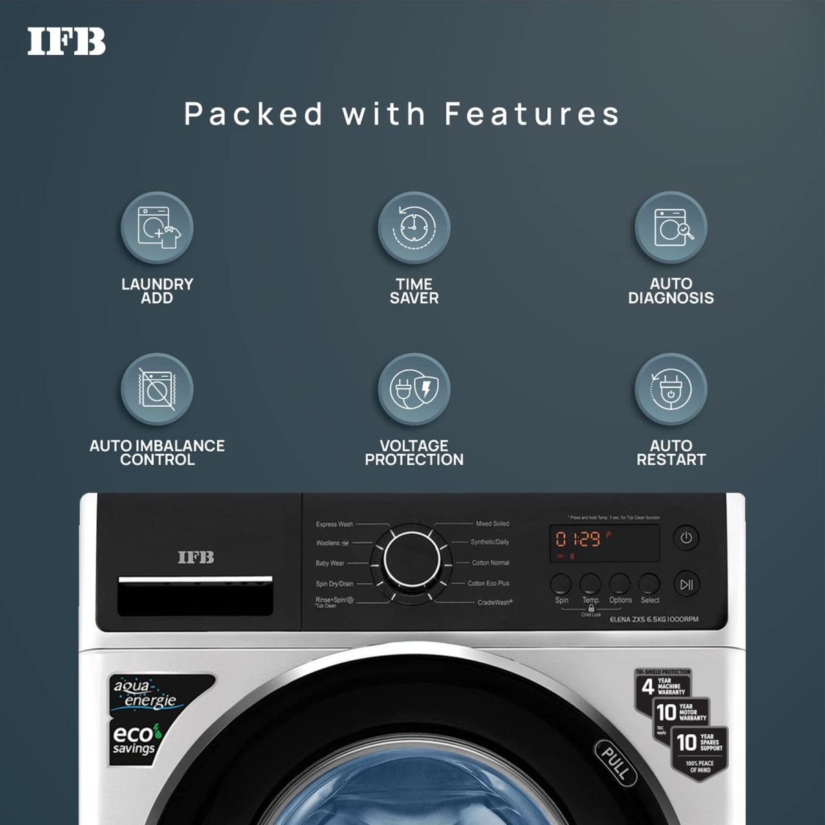 IFB 6.5 Kg 5 Star Fully-Automatic Front Loading Washing Machine (ELENA ZXS, Silver,In-Built Heater, 3D Wash Technology)