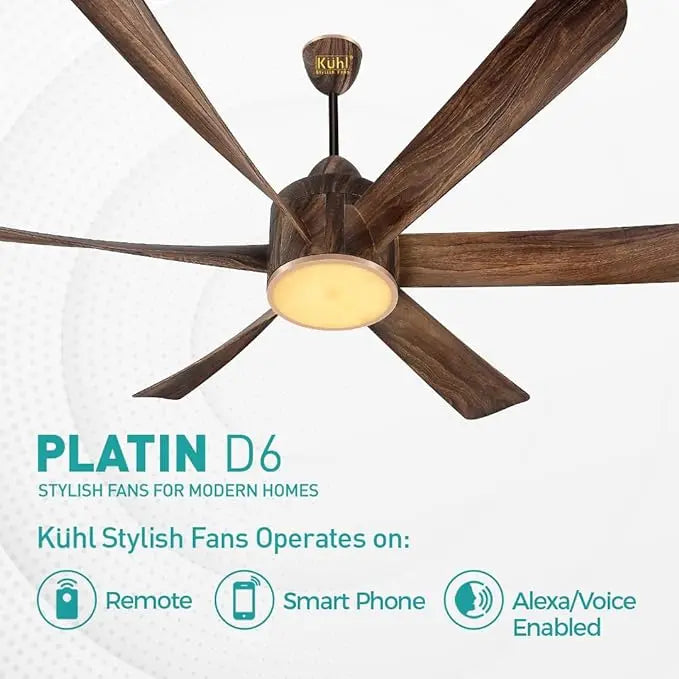 KUHL Platin D6,Teakwood, Stylish BLDC Fan| 5-Star Rated| Low Power 38W| High Air Flow |Low Noise| 6 Aerodynamic ABS Blades| Down Light |1500 mm Sweep | Operate on Remote - Mobile - Alexa |Reverse Mode