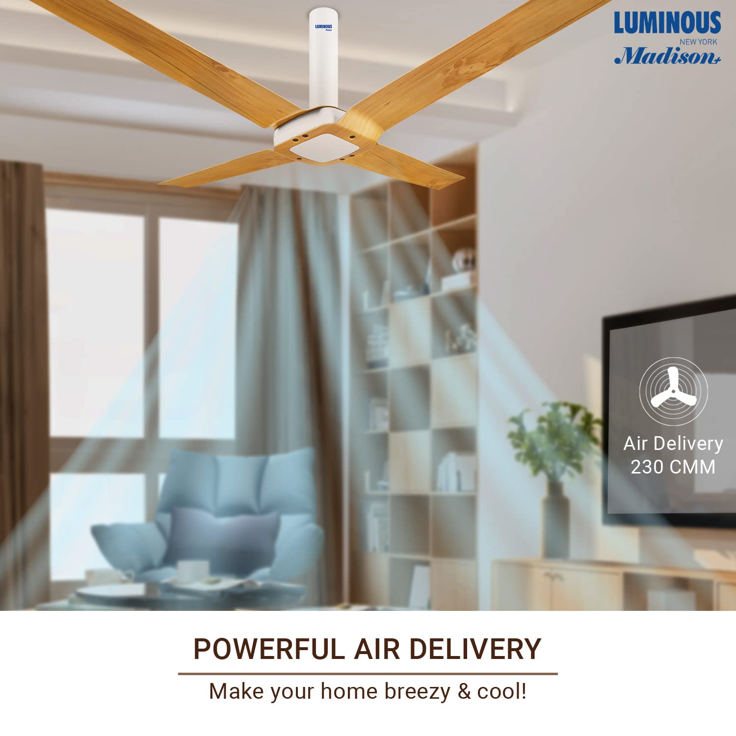 Luminous New York Madison Designer Ceiling Fan for Home and Office (Pine Wood, Brown, 1300mm)
