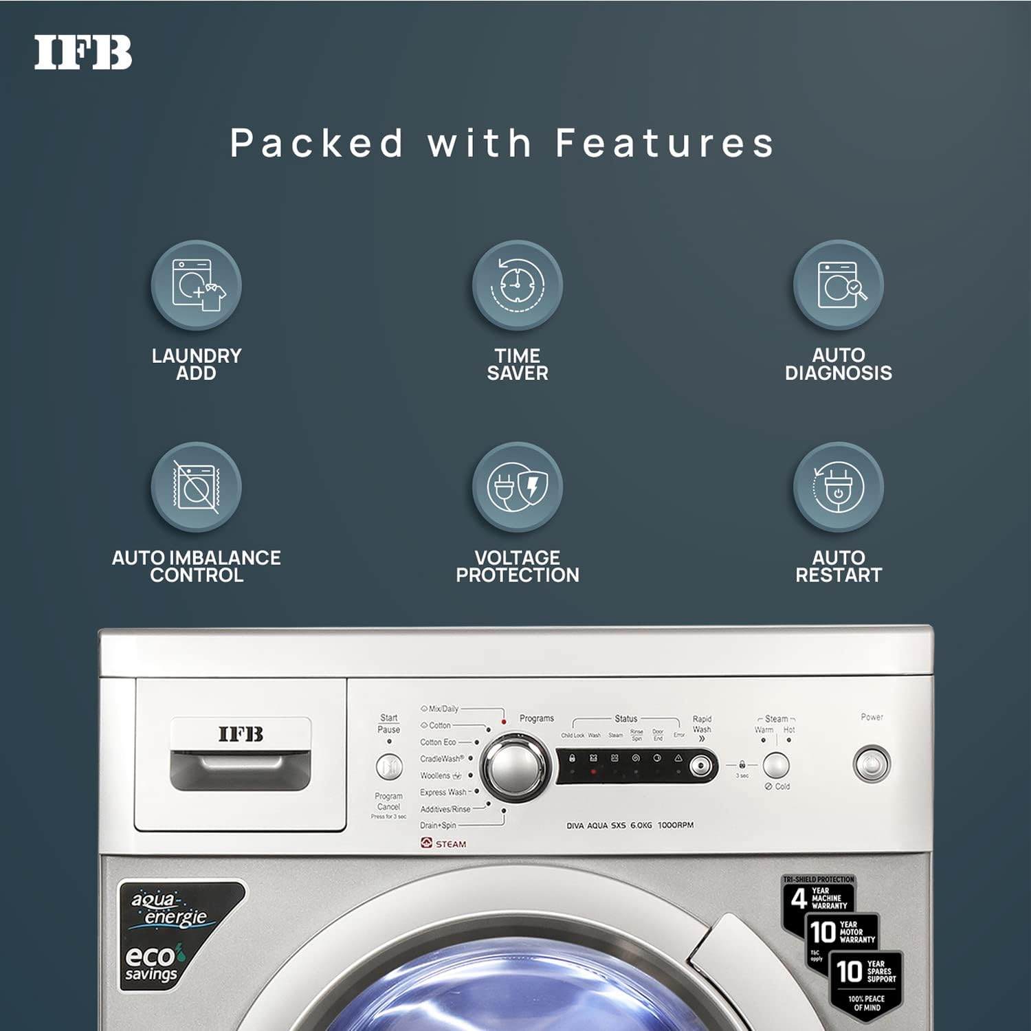 IFB 6 Kg 5 Star Front Load Washing Machine 2X Power Steam (DIVA AQUA SXS 6010, 2023 Model, Silver, In-built Heater, 4 years Comprehensive Warranty)
