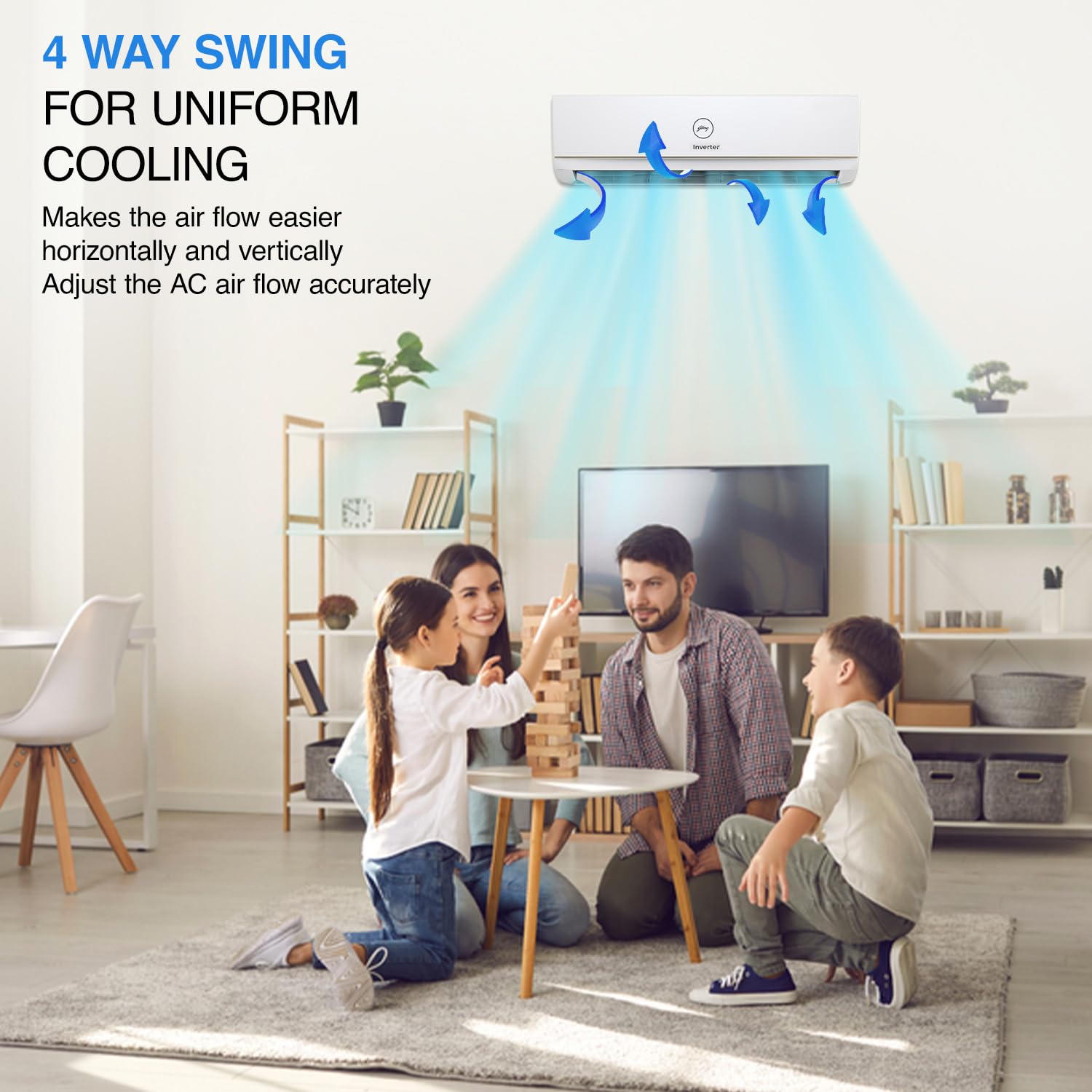 Godrej 1.5 Ton 4 Star 4 Way Swing, Inverter Split AC(Copper, 5-In-1 Convertible Cooling, Anti-Corrosive blue fins, 2023 Model, AC 1.5T EI 18PINV4R32-WWP, White)