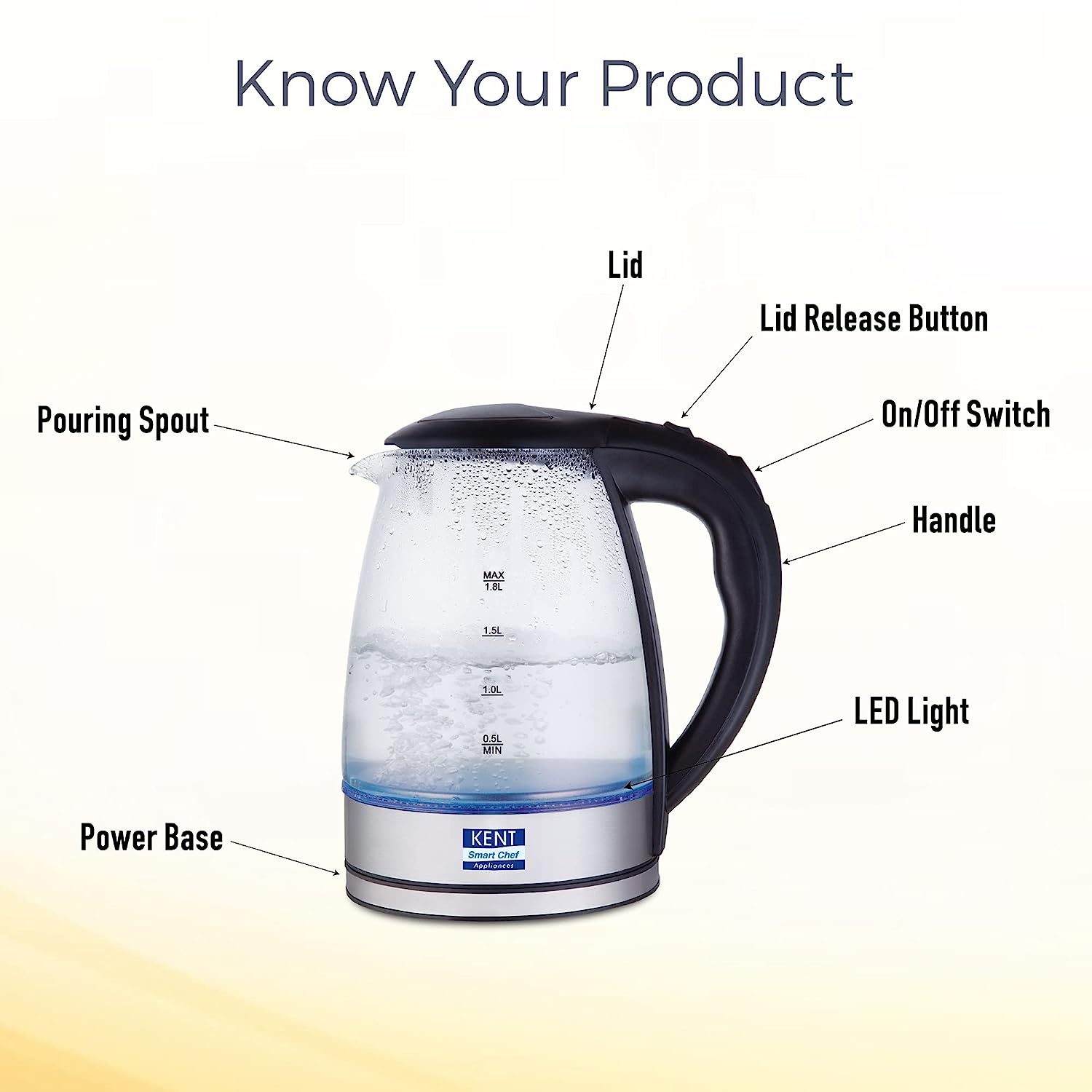 KENT 16052 Elegant Electric Glass Kettle 1.8L 2000 W