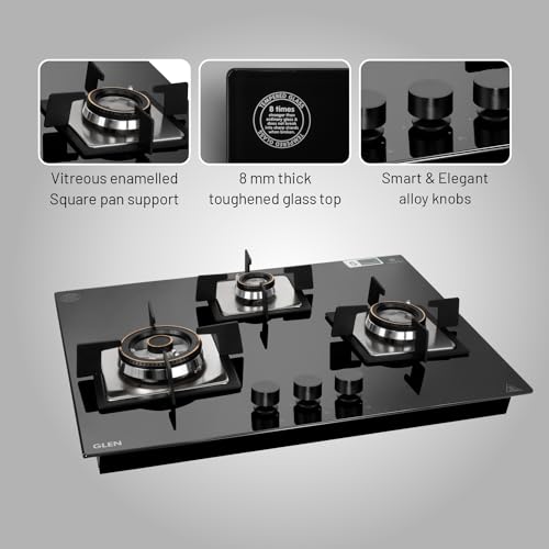 Glen 4 Burner Built In Glass Hob TOP | Auto Ignition | 8 MM Toughened Glass | Black |Forged brass burners with double-ring flames | Warranty 2 Years Standard & 5 Years Glass |1074 X SQ HT TR