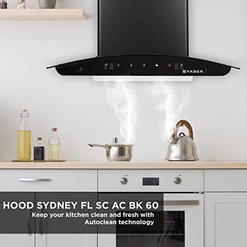 Faber 60cm 1200 m3/hr, Autoclean Chimney ||Filterless|| 5Yr Warranty on Motor(1Yr Comprehensive) || Italian design- (HOOD SYDNEY FL SC AC BK 60, Touch & Gesture Control, Black)