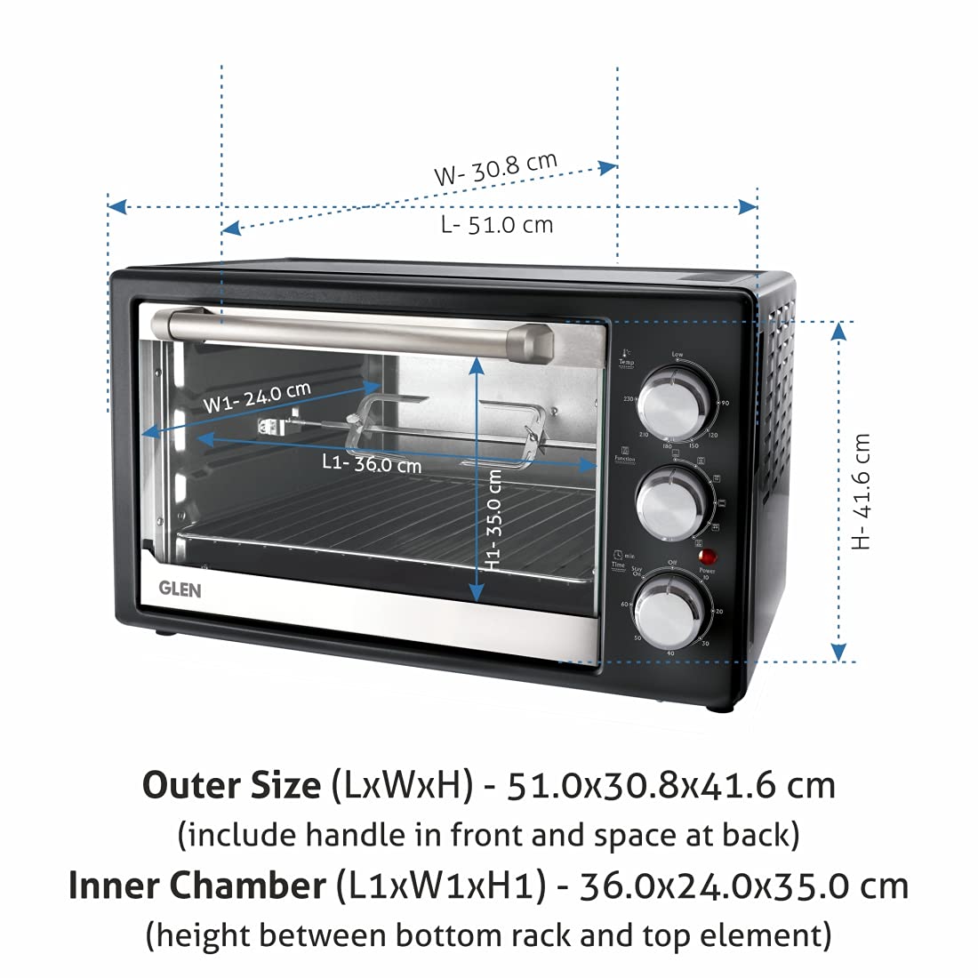 Glen Multi Function OTG (Oven Toaster Griller) 30 Litre 1200 Watt with Rotisserie and Convection Fan, 60 Minutes Timer (5030, BLRC)
