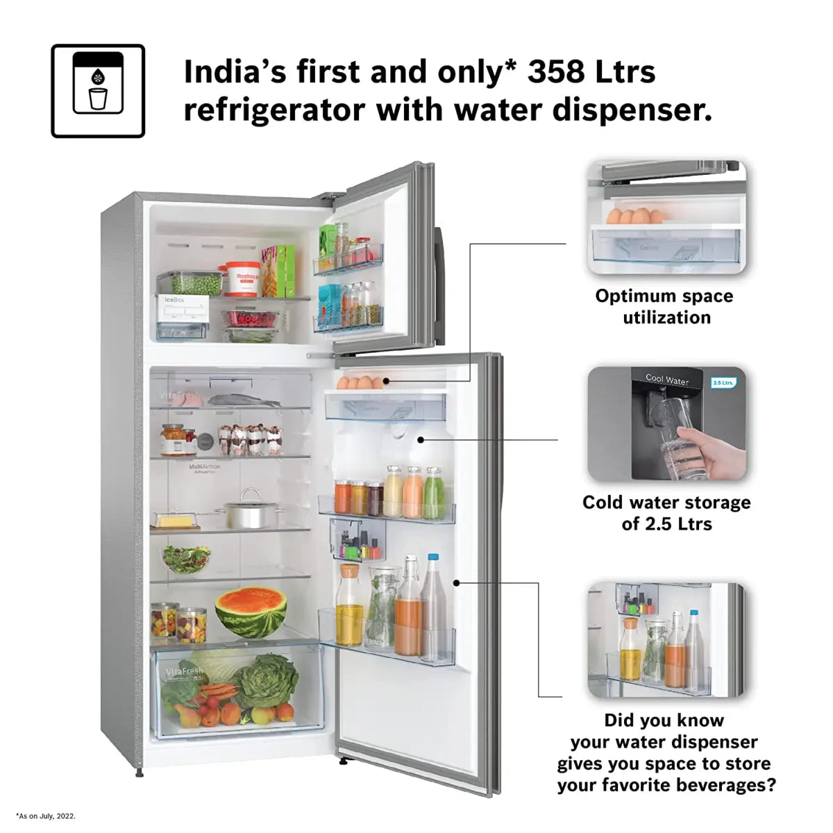 Bosch Max Convert 358L Inverter Frost Free Freezer-On-top Refrigerator With Water Dispenser (Ctc35S03Di, Convertible, Sparkly Steel, 2022 Model)