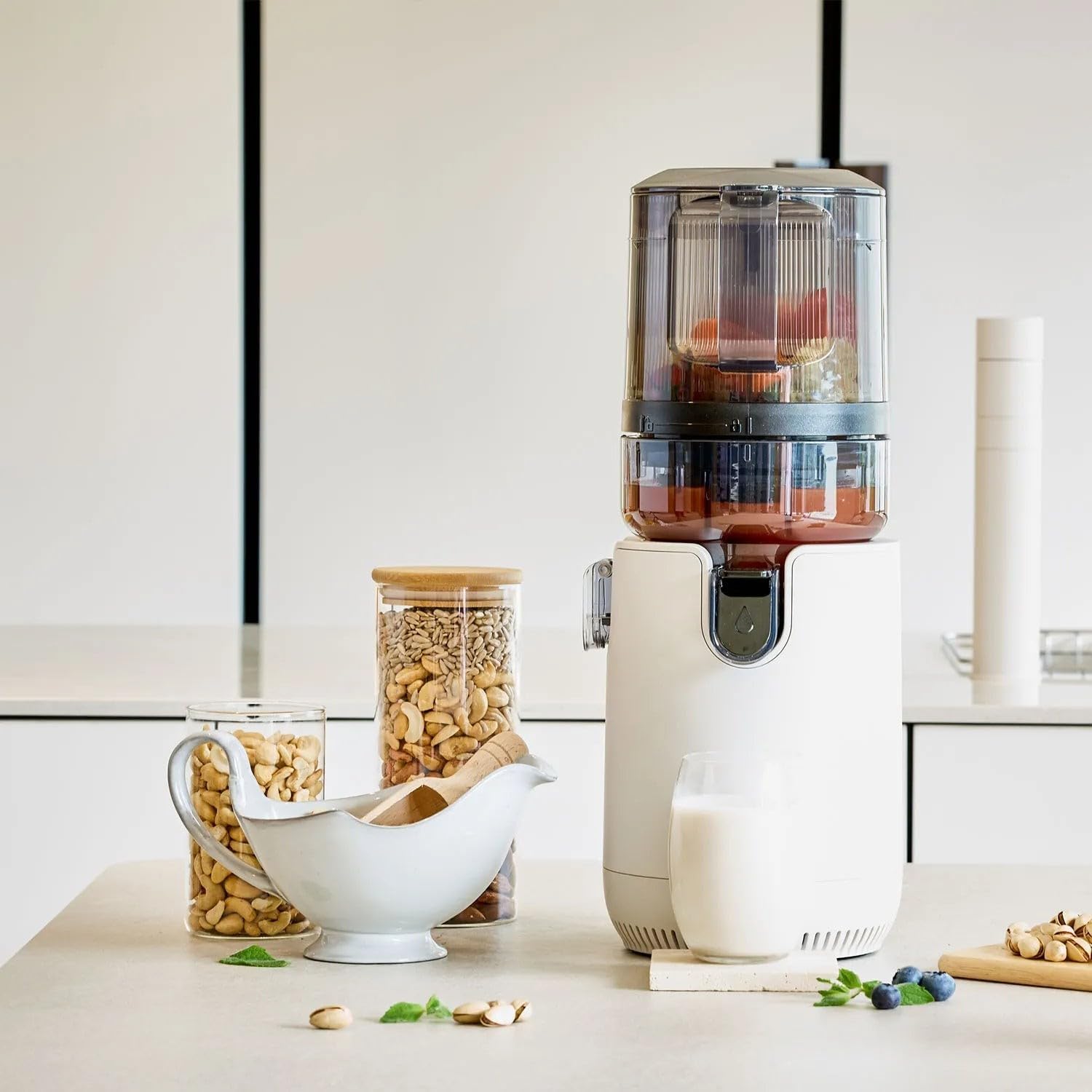 Hurom E50ST Cold Press Slow Juicer with Mega Hopper, 150W Motor, BPA-Free, Easy Clean, Space-Saving Design, Mushroom White
