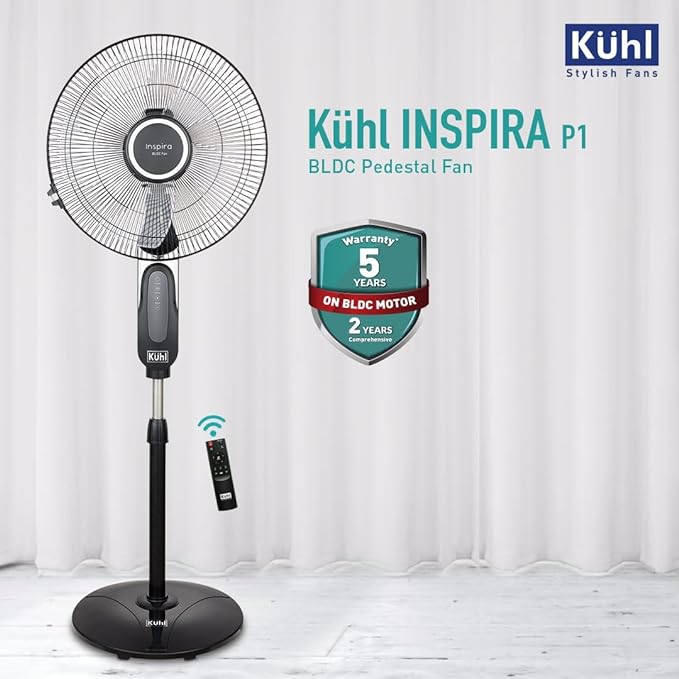 KUHL Inspira P1 BLDC Pedestal Fan | 5 Blades | 6 Speed | Remote Control | Touch Panel & Display | Height & Angle Adjustment | High Air Flow & Low Noise | 400mm | 28W | Black