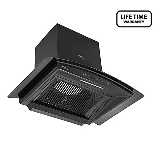 Hindware Zinnia 75BKTC chimney seen from below showing the filter area and control strip