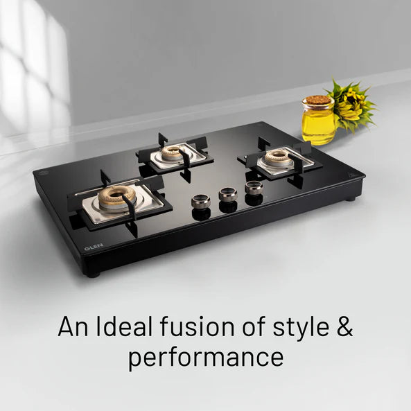 Glen 3 Burner Free Standing Hob with Forged Brass Burners Auto Ignition Black (BH 1073 XL SQ FS FB BL AI)