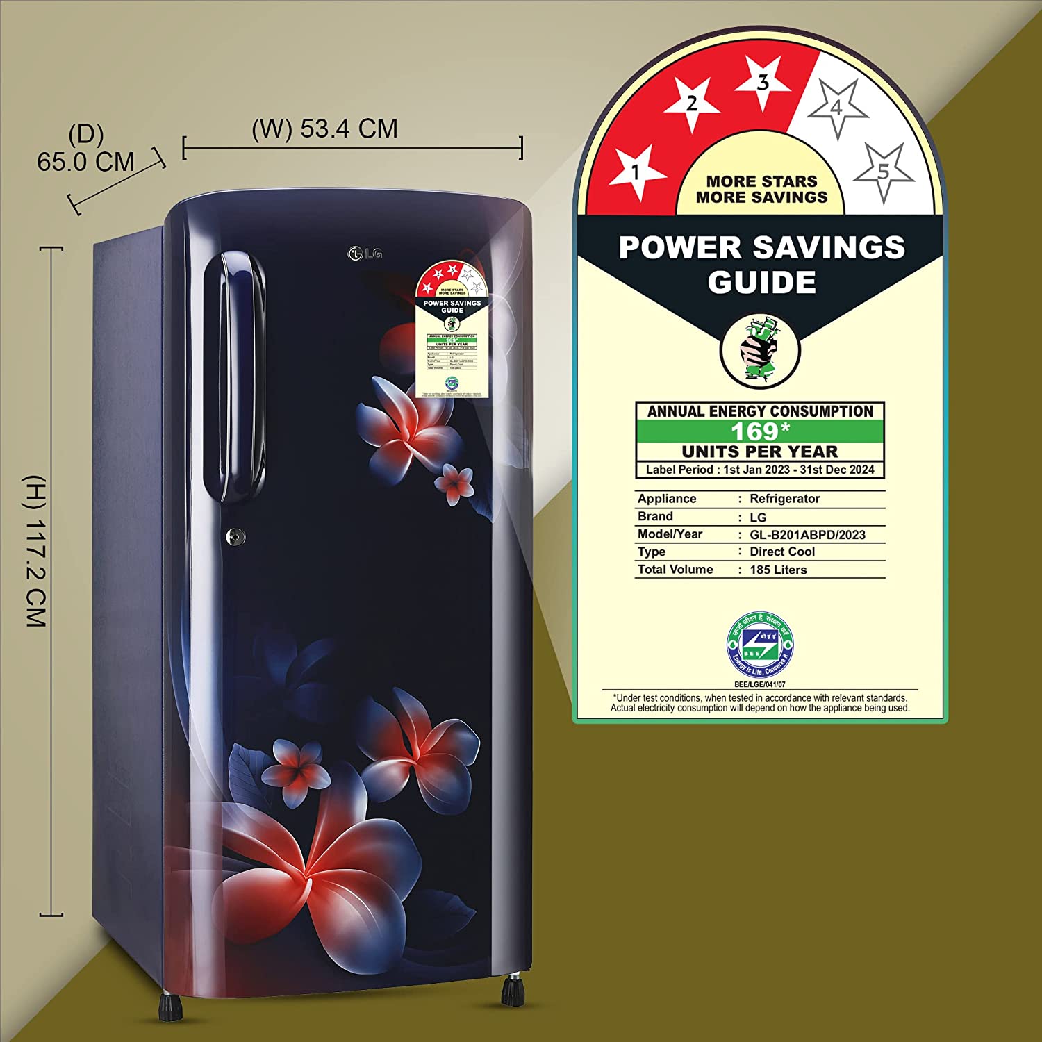 LG 185 L 3 Star Direct-Cool Single Door Refrigerator (GL-B201ABPD, Blue Plumeria, Moist 'N' Fresh, Gross Volume- 190 L)