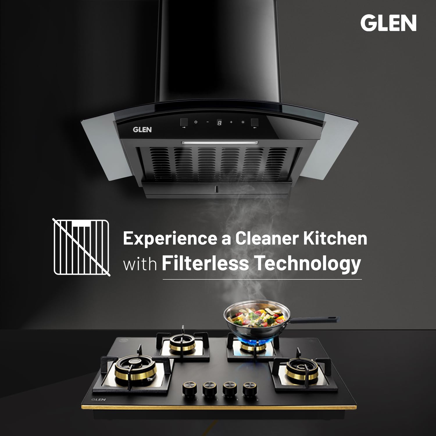 GLEN 60 cm 1500m3/hr Auto-Clean Filterless Curved Glass Kitchen Chimney With Motion Sensor+Touch Controls (Senza Turbo Black)