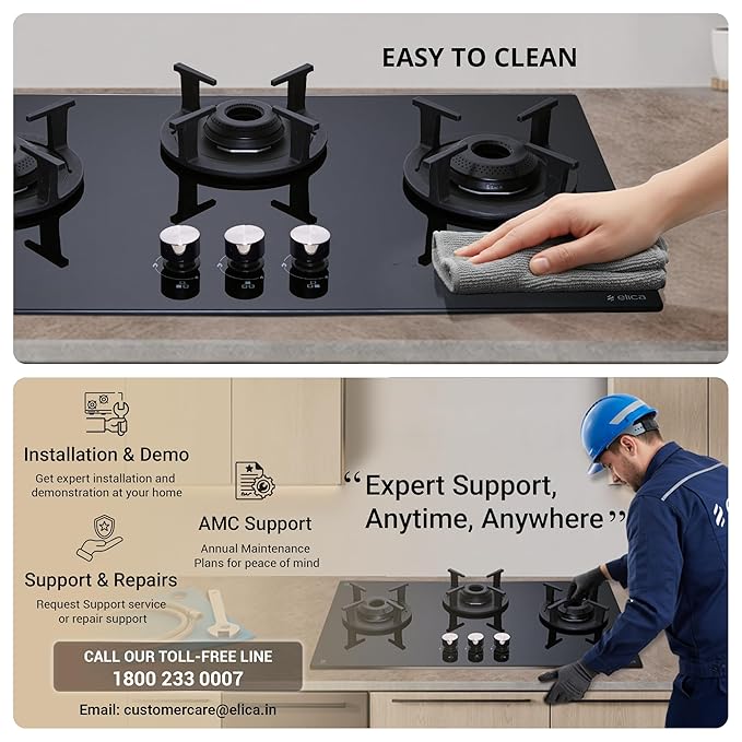 Elica RG FLEXI 360 LOTUS IND HD BRASS 60cm 3 Burner Auto Ignition Gas Hob | Black Toughened Glass