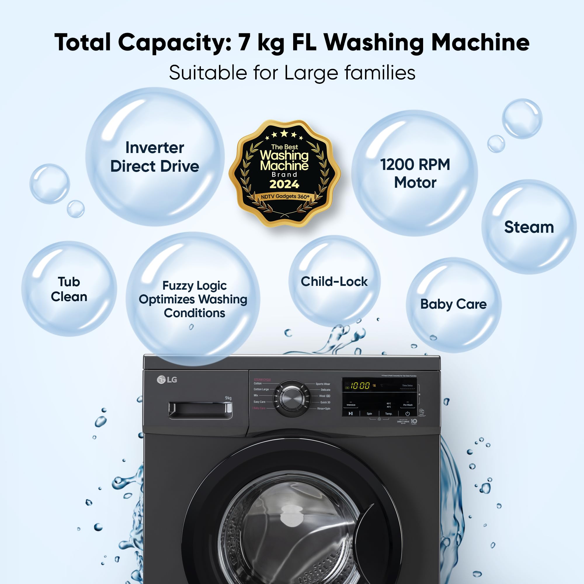 LG 7 Kg, 5 Star, Direct Drive Technology, Steam Wash, 6 Motion DD, Smart Diagnosis, Fully-Automatic Front Load Washing Machine (FHM1207SDM, Allergy Care, In-Built Heater, Touch Panel, Middle