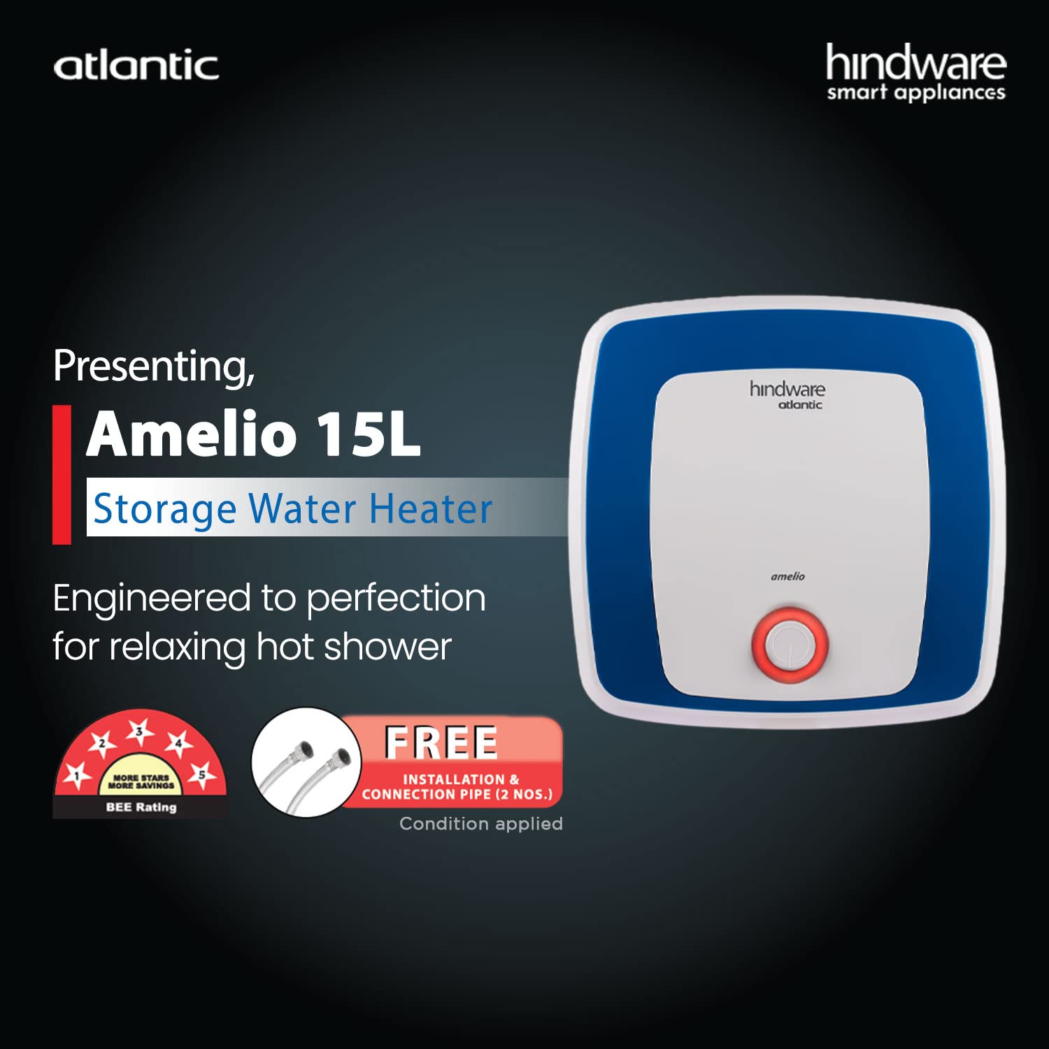 Hindware Atlantic 15L 5-Star Rated Blue With Glass Geyser
