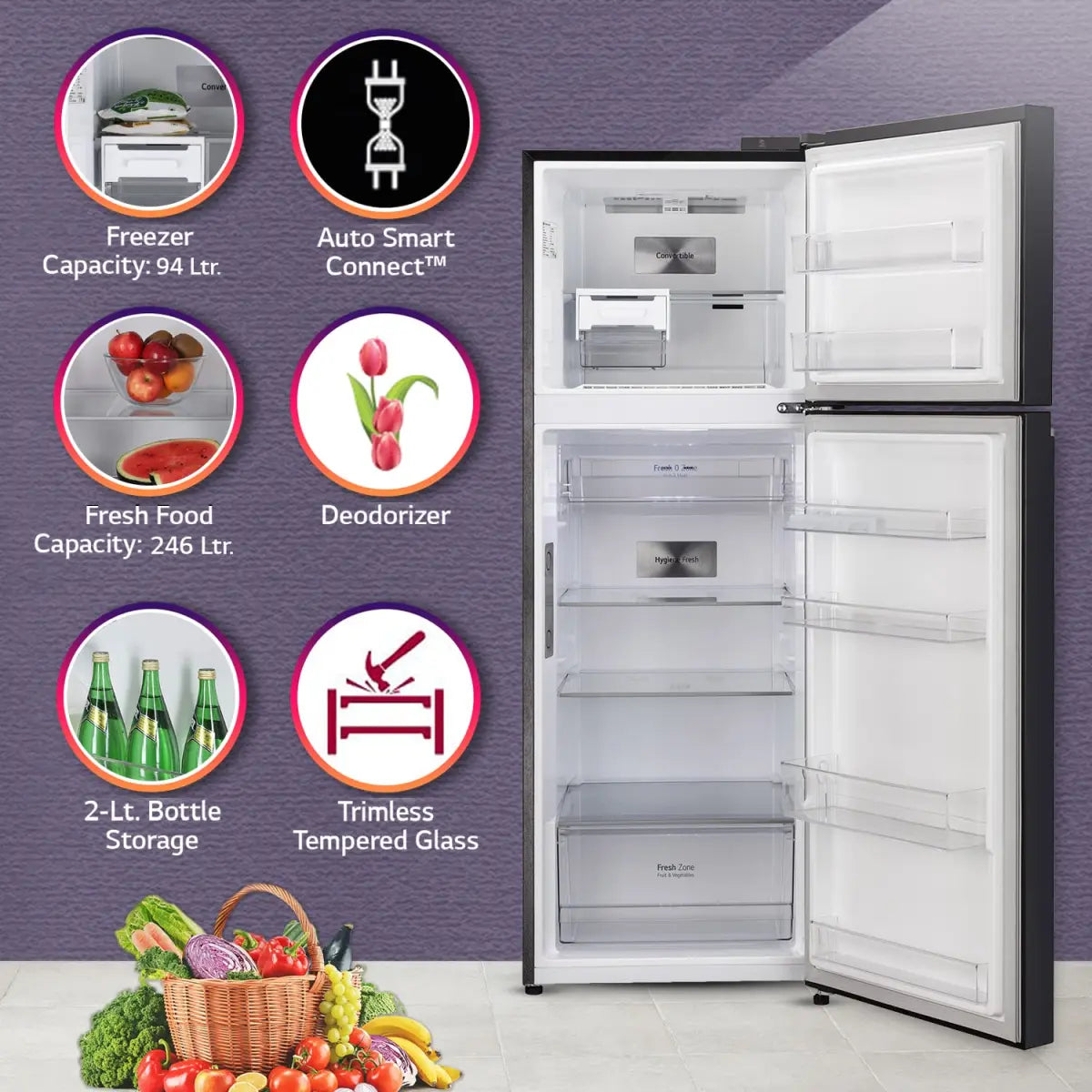 LG 340 L 3 Star Frost-Free Smart Inverter Wi-Fi Double Door Refrigerator (GL-T342VESX, Ebony Sheen, Convertible & Door Cooling+, 2022 Model)