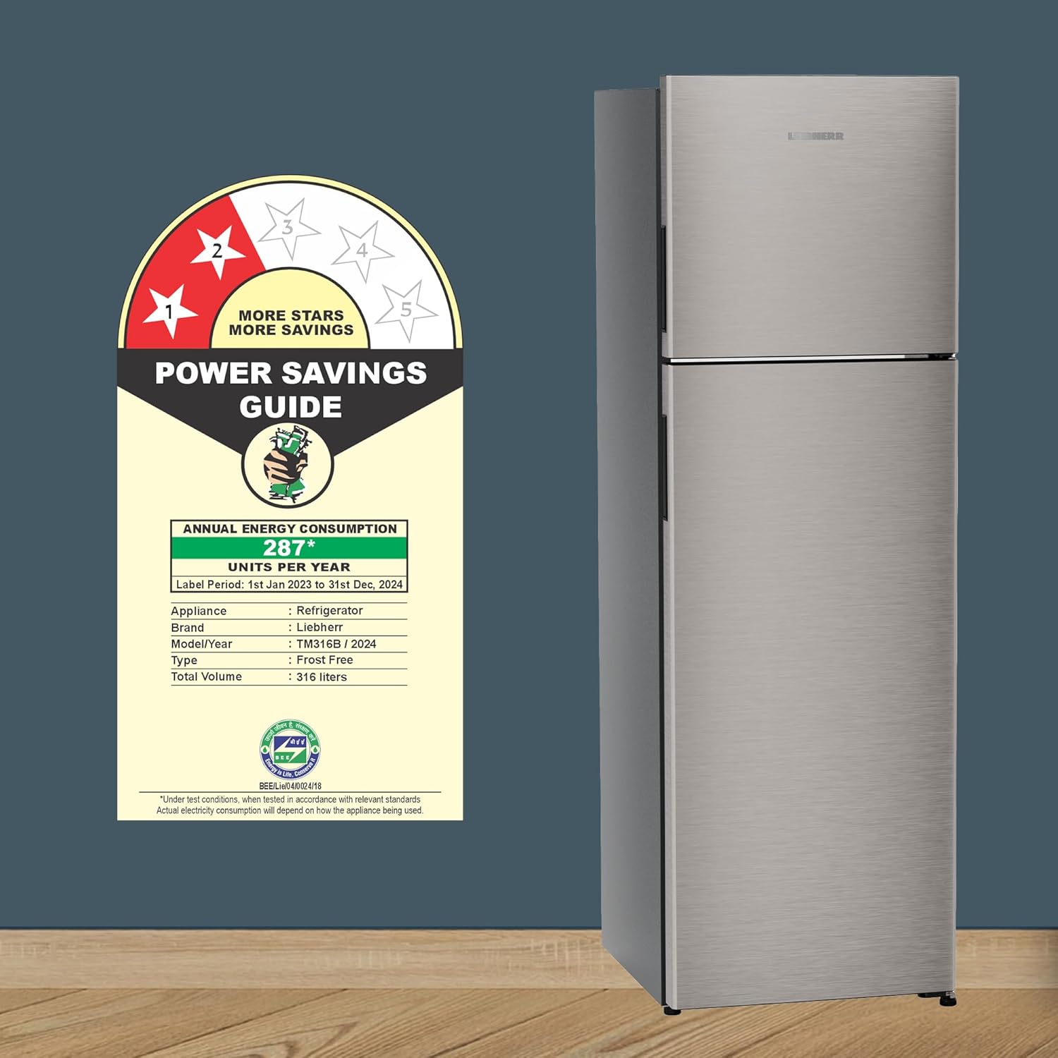 Liebherr 316L 2 Star Inverter, Hot to Cool, Frost Free Double Door Fridge, 20 Yr Warranty, 67L Freezer, Veg Organiser, Grey Steel