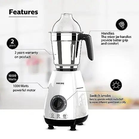 Philips HL7703/00 1000 Watt Mixer Grinder Copper Motor, 4 Jar with 5 Year Warranty on Motor