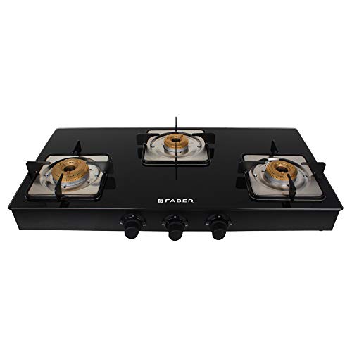 Faber Mild Steel Marvellous Glass Top 3 Brass Burners Auto Ignition Gas Stove (3B Bk Ai, Black)