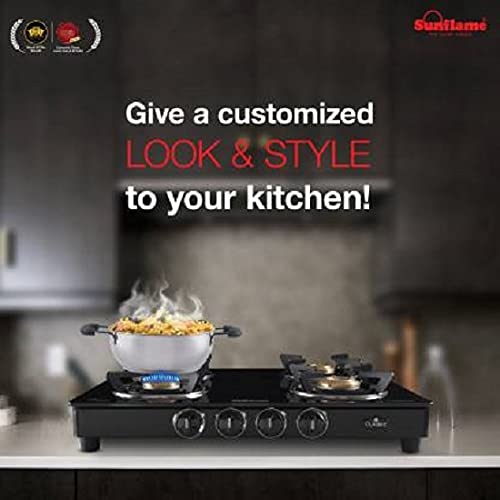 Sunflame (Classic Bk) Glass Top 4 Brass Burner Gas Stove, Open