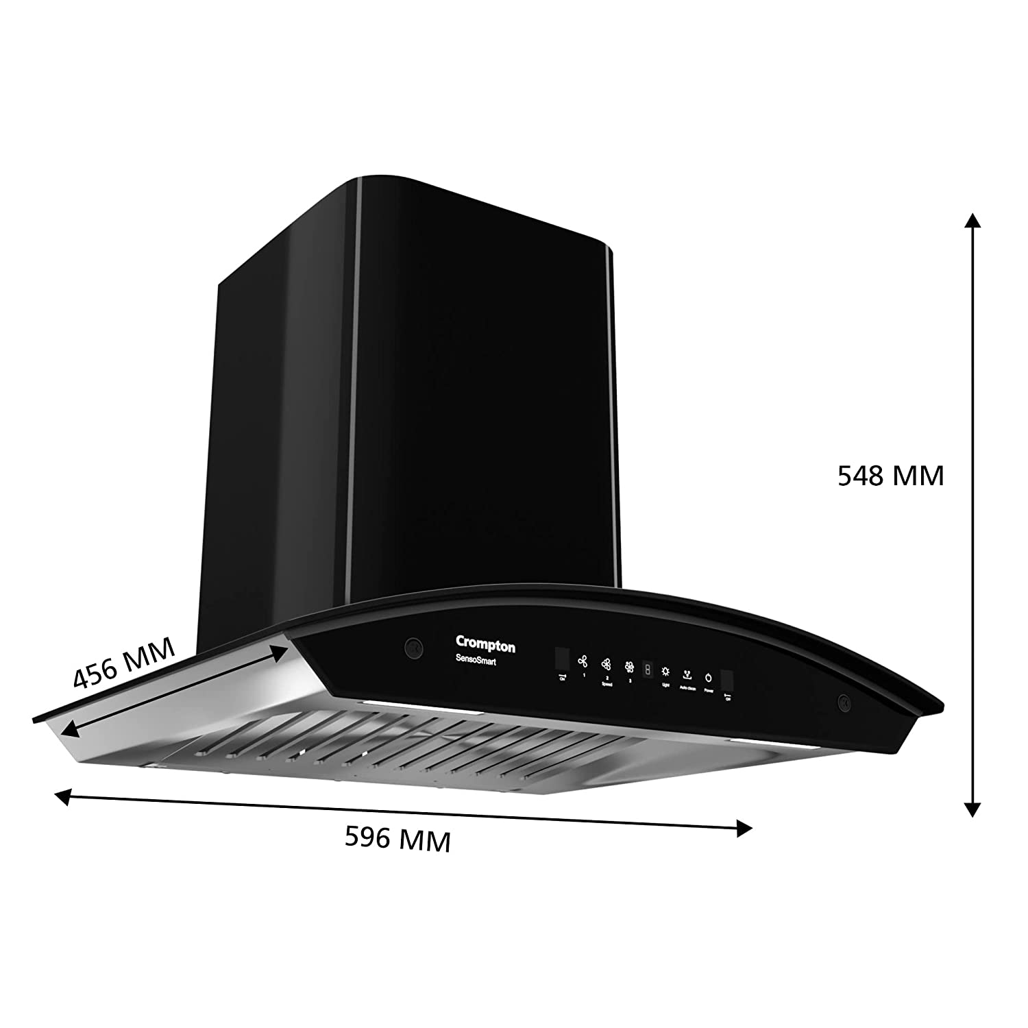 Crompton SensoSmart Curved 60cm Chimney Filterless (Black) 1210 m³/hr (CHD-SSC60FLE-MBL)