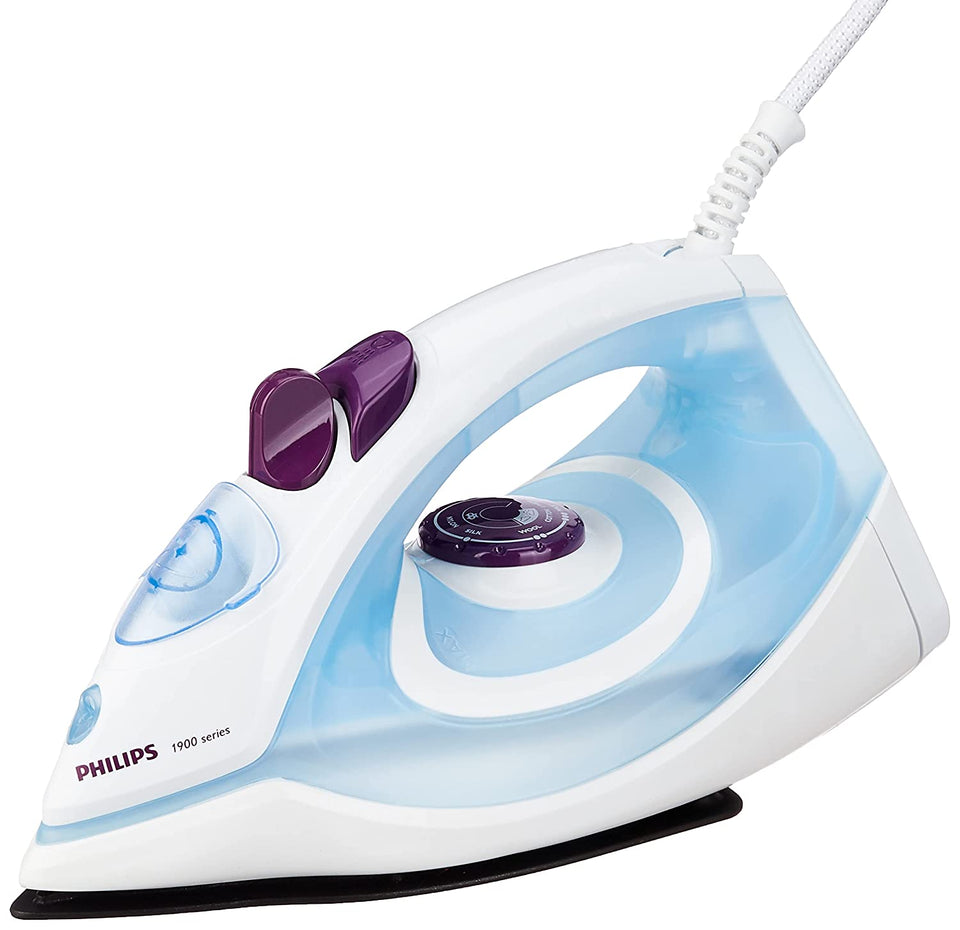 Philips GC1905/21 1900 series blue and white steam iron with purple controls and white cord