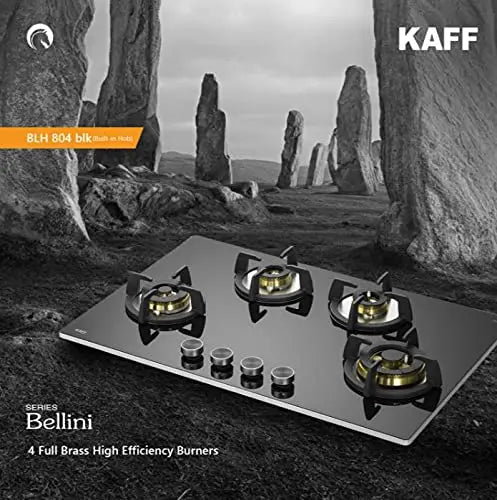 Kaff Built in Hob BLH 804 Auto Electric Ignition - 4 Full Brass High Efficiency Burners, Big Triple Ring Burner, Mini Ring Burner, 2 Dual Ring Burner Black