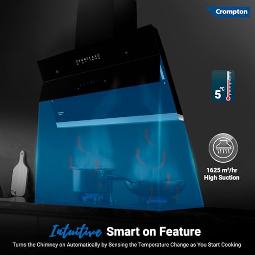 Crompton IntelliSense 90 cm Kitchen Chimney with 1626 m³/hr Suction, Smart On & Intelli Auto-Clean | Silent Kitchen Chimney With Filterless Technology (Inclined Design, Black)