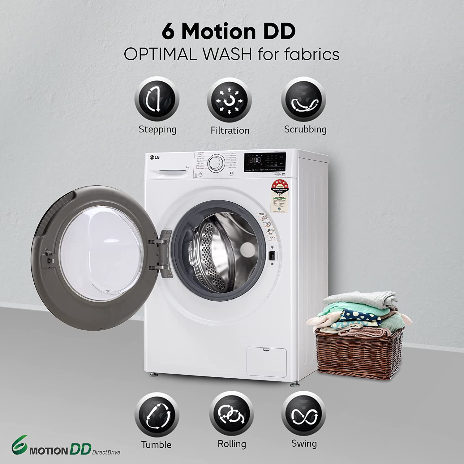 LG 8 Kg 5 Star Inverter Fully-Automatic Front Loading Washing Machine with Inbuilt heater (FHP1208Z3W, Blue White, AI DD Technology & Steam for Hygiene)