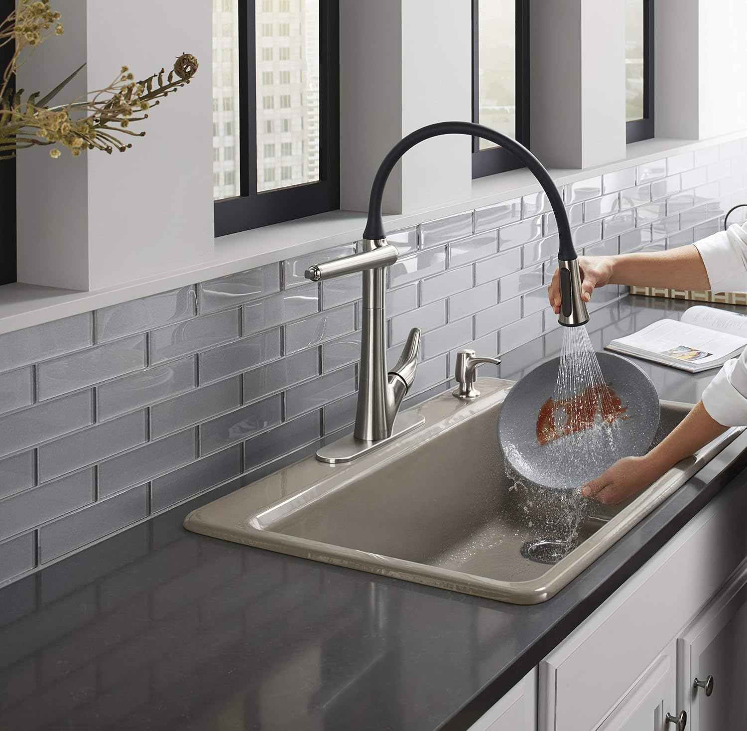 Kohler Arise Articulating Flexible Pull Down Vibrant Stainless Kitchen Faucet with Dock Netik Technology and Sweep Spray (Silver)