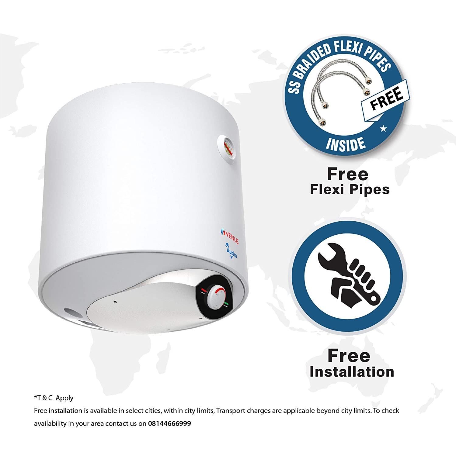VENUS Audra 06AV 06-Litre 3000W (White) Water Heater,Porcelain Enamelled Glass Lined Tank, BEE Star Rating - 5 Stars, ISI, Free Flexible Hose