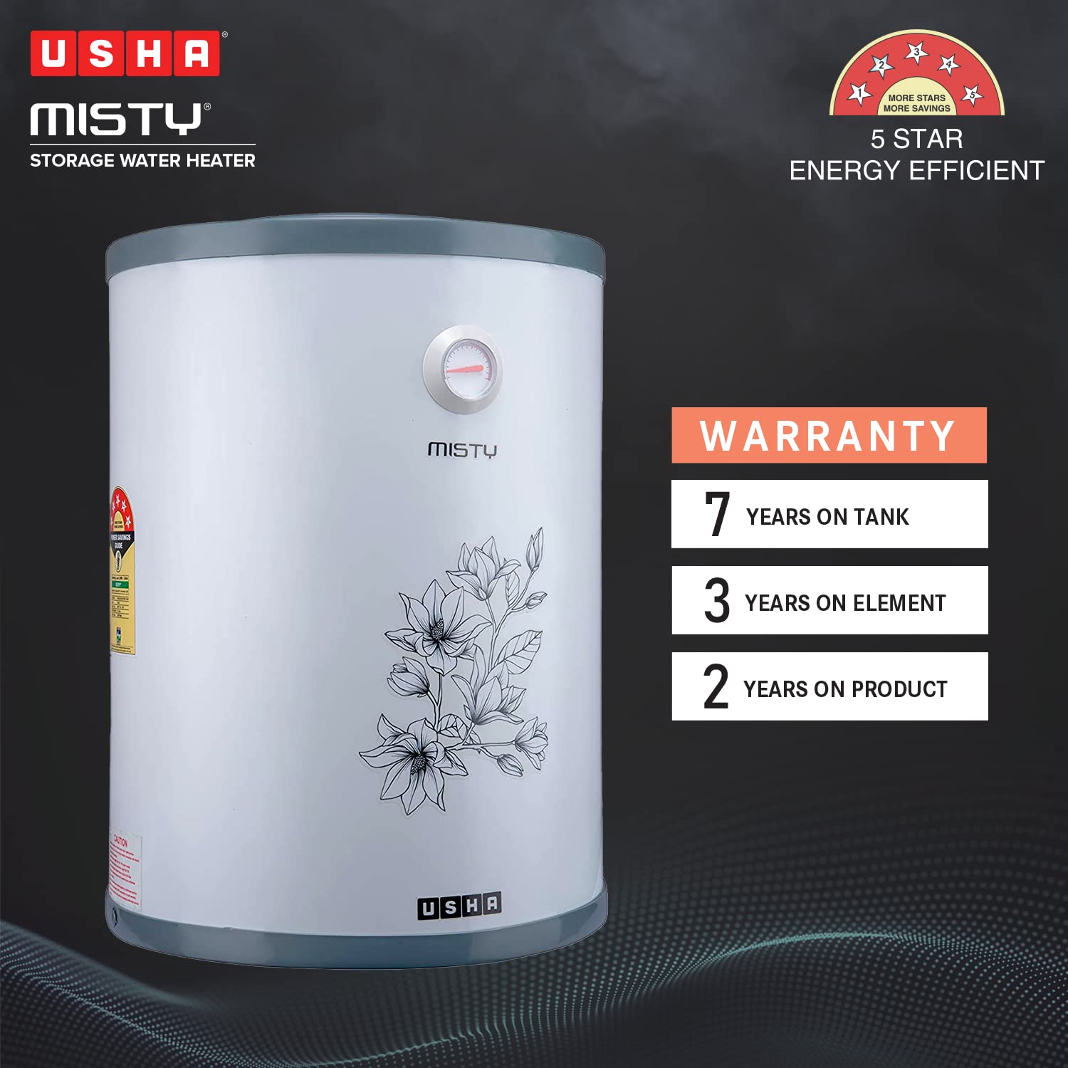 Usha Misty 15Ltr 2000-Watt 5 Star Water Heater Grey Magnolia