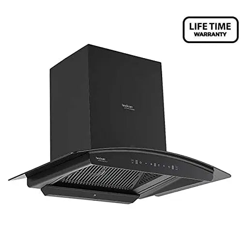 Hindware Zinnia 75BKTC black chimney side angle with curved glass and lifetime warranty badge
