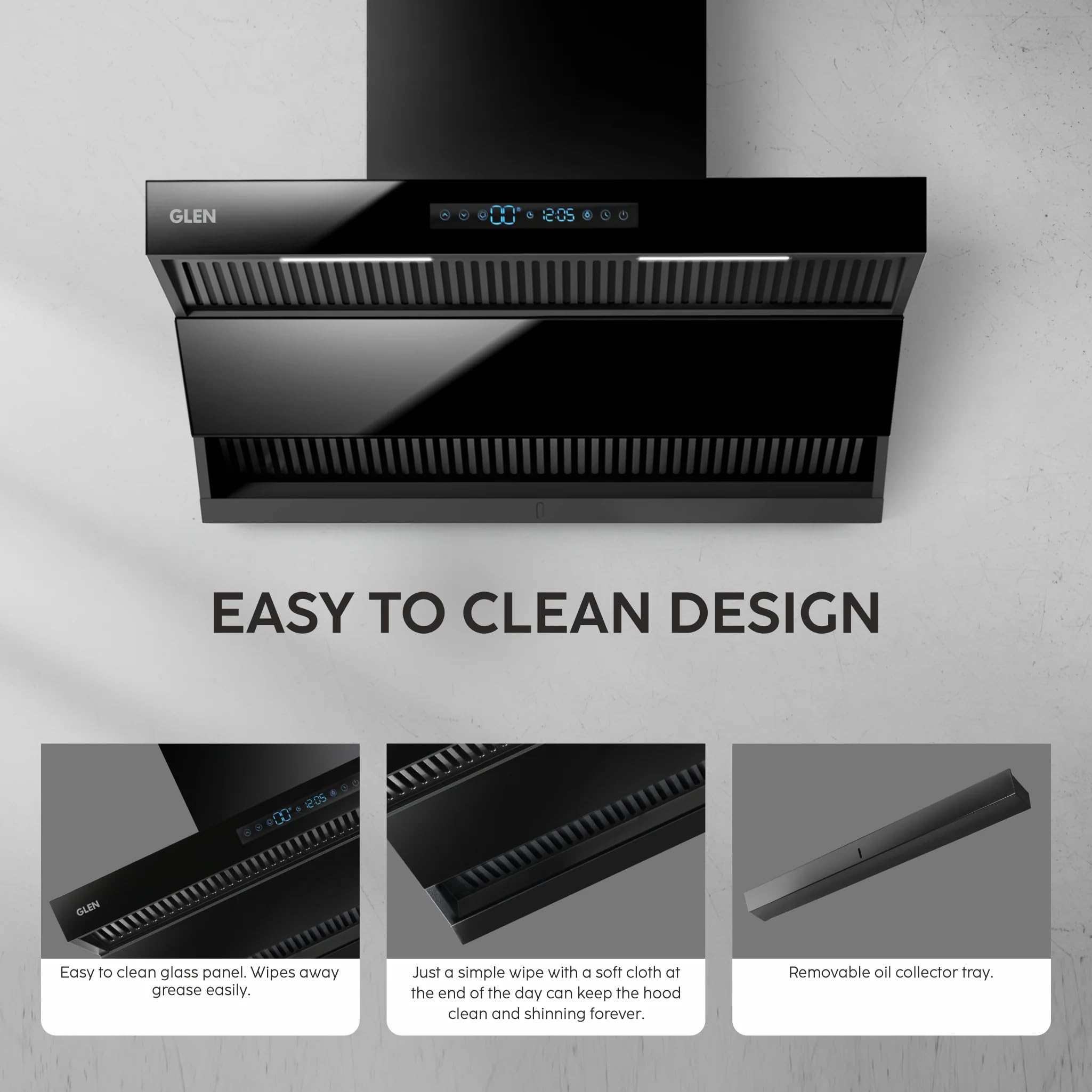 Glen Auto Clean Chimney with Double Draft Suction, Inverter Technology, BLDC Motor 60cm 1400 m3/h - Black (CH 6076 AC)