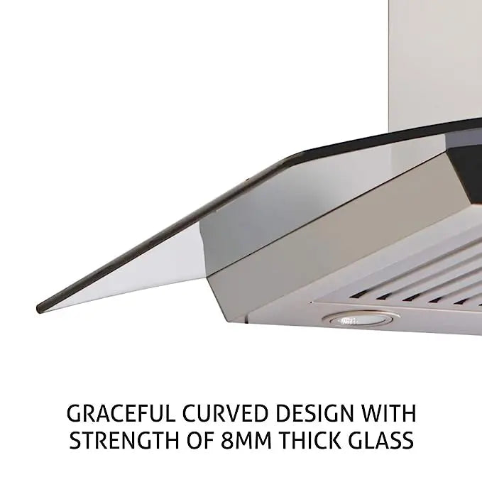 Glen 90 cm1250 m3/hr Curved Glass Wall Mounted Kitchen Chimney Baffle Filters Push Buttons (6071 GF Silver)