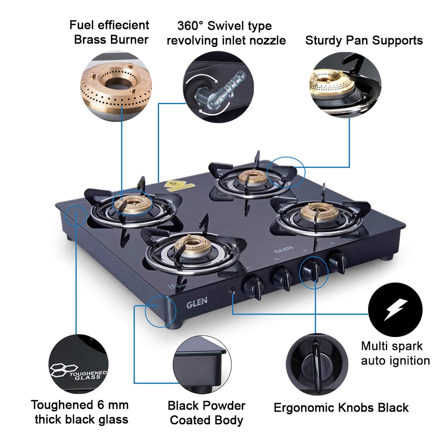 Glen 4 Burner LPG 6mm Thick Toughened Glass Top Gas Stove|Brass Burner|ISI Certified|Auto Ignition|Black|Drip Trays|Revolving Inlet Nozzle|2 Year Warranty On Product|CT4B55BLBBAI