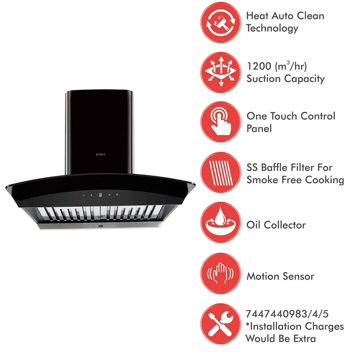 Elica 60 cm 1200 m3/hr Auto Clean Chimney (WDAT HAC 60 MS NERO, Touch + Motion Sensor Control, Black)