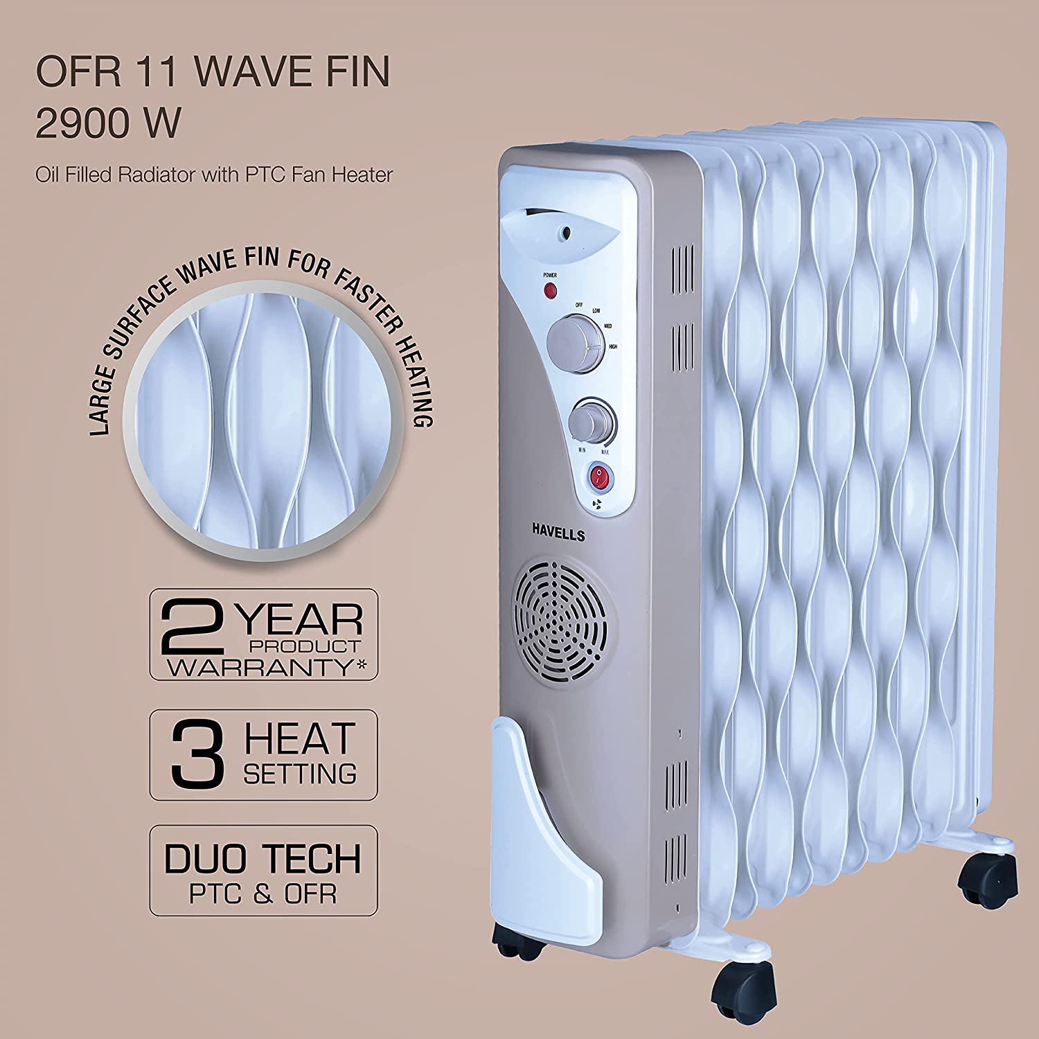 Havells OFR 11 Wave Fins Heater with Fan Beige 2900 Watts