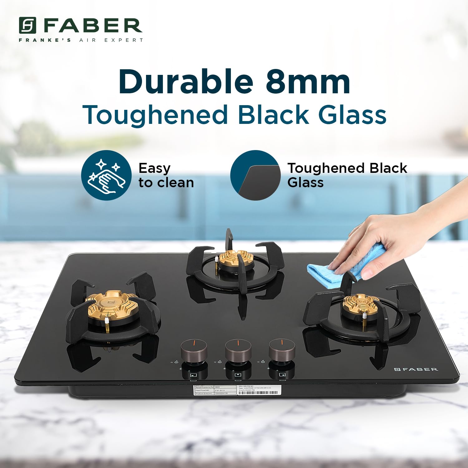Faber 3 Burner 70cm Hob |Auto-Ignition| HOB PRIME HT703 CRS BR CI AI |Metal Knobs| Cast Iron Pan Support |Hob/Cooktop Hybrid| Black Glass Finish |5 Yr Warranty on Glass,Valve & 2 Yr on Burner