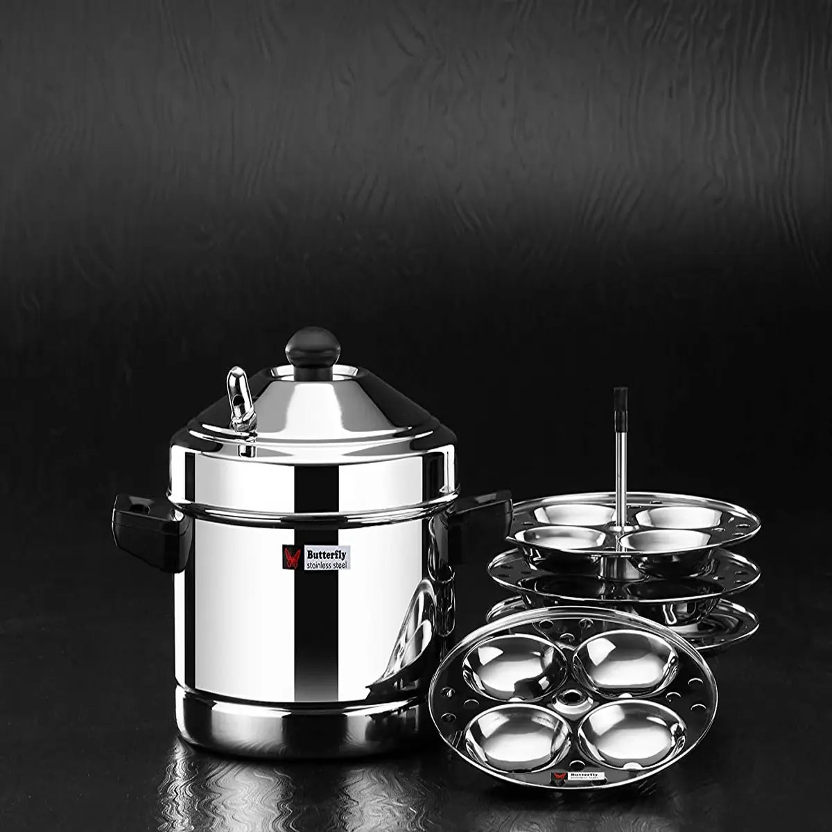 Butterfly Stainless Steel Idli Cooker, Idly Maker Set with 4 Plates, 16 idlies, Silver, Standard