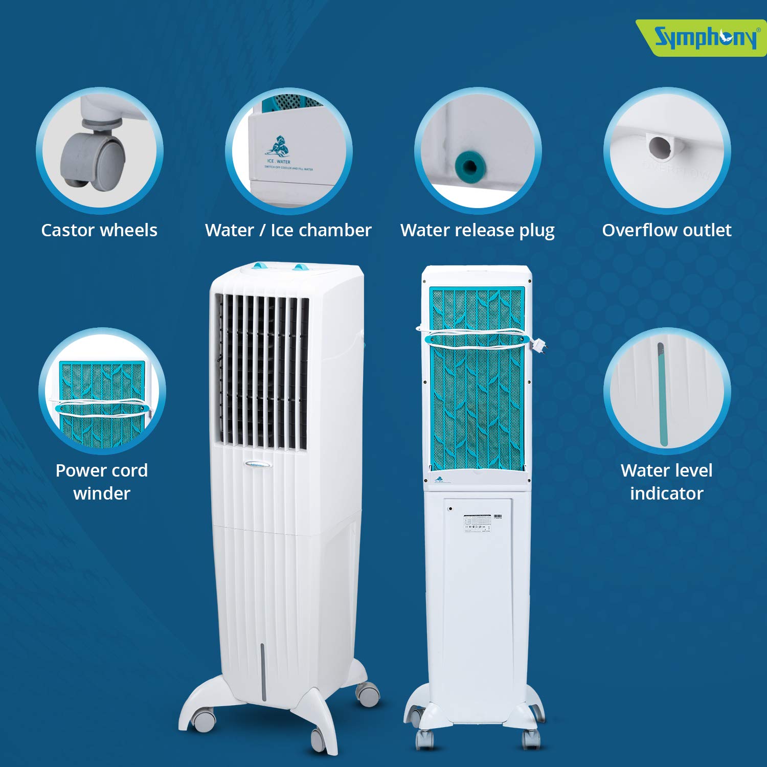 Symphony Diet 35T Tower Air Cooler with Honeycomb Pad, Cool Flow Dispenser - 35L, White